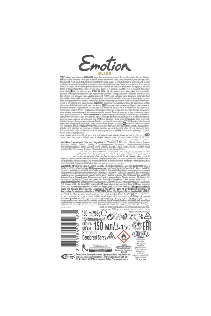 2 Adet Emotion Bliss Kadın Vegan Deodorant 150 Ml Hızlı Kurur , Leke Bırakmaz