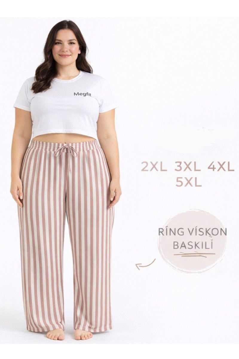 Viskon Pamuklu Kadın Büyük Beden Gül Kurusu Çizgili Pijama Pantolon - MGB003 - Mudanis