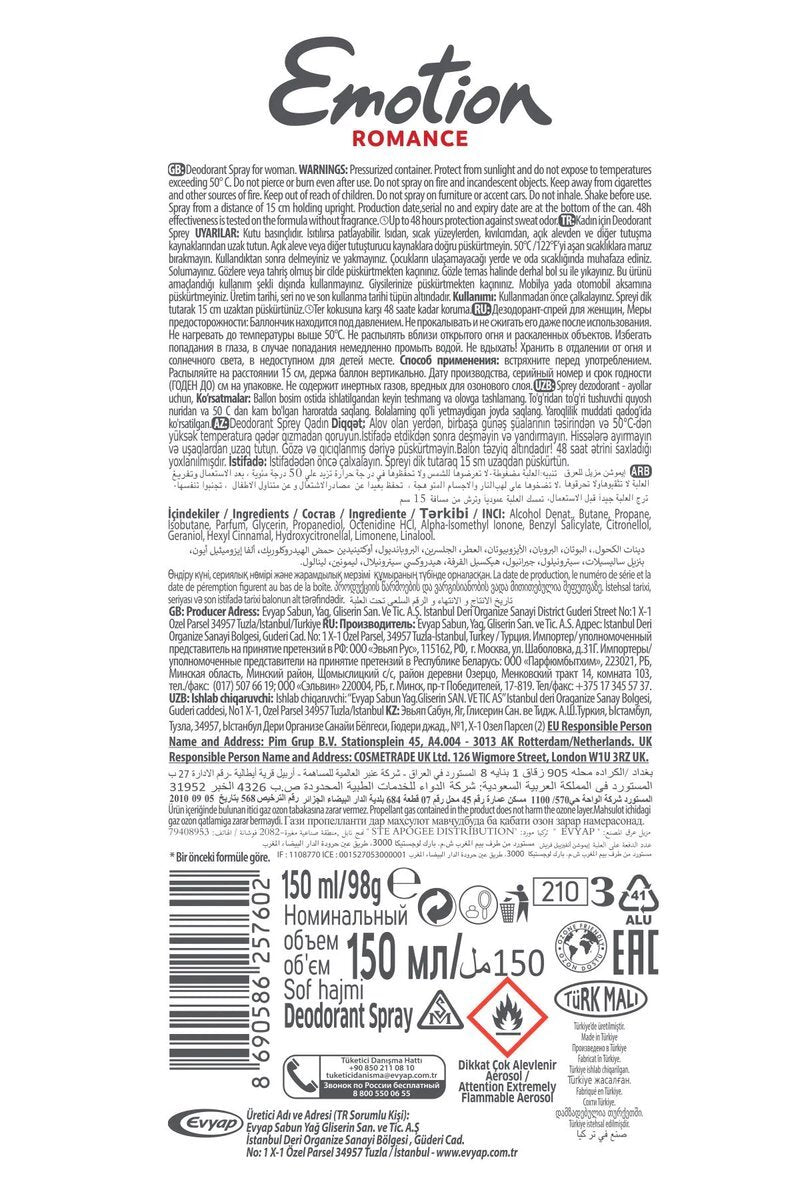 2 Adet Emotion Romance Kadın Vegan Deodorant 150 Ml Hızlı Kurur, Leke Bırakmaz