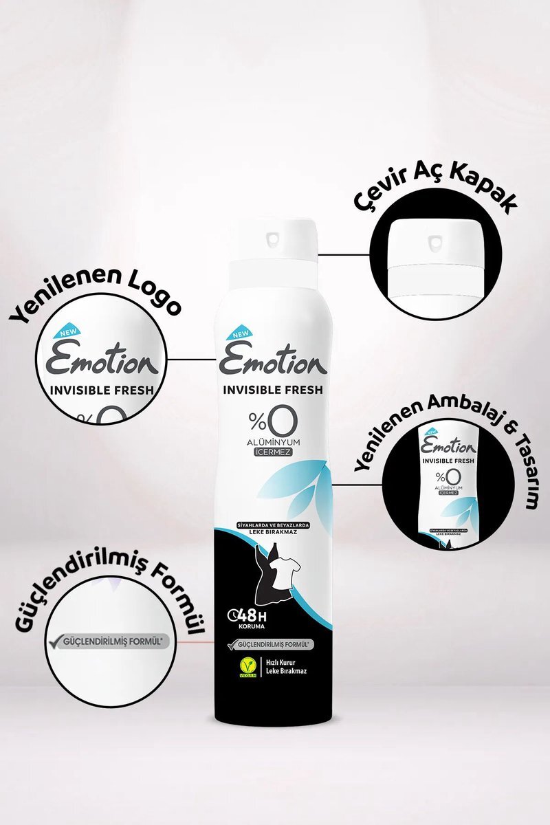 3 Adet Emotion Invisible Fresh Black & White Kadın Deodorant 150ml Vegan, Leke Bırakmaz