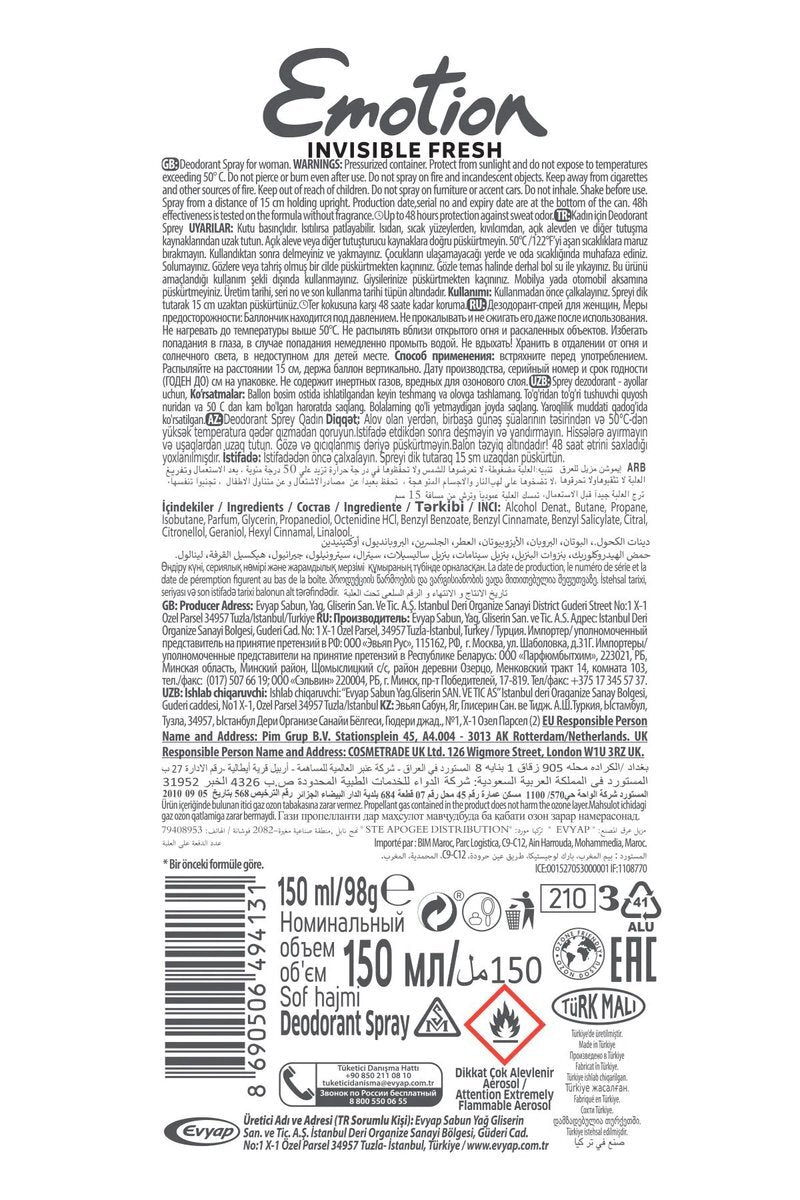 2 Adet Emotion Invisible Fresh Black & White Kadın Deodorant 150ml Vegan, Leke Bırakmaz