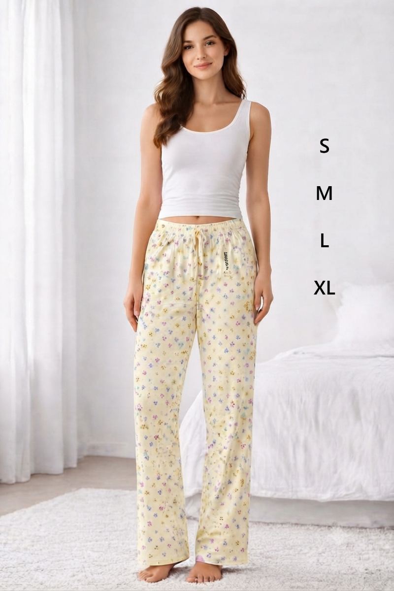 Viskon Pamuklu Kadın Açık Sarı Desenli Pijama Pantolon - MG010 - Mudanis