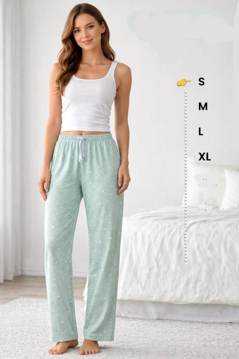 Viskon Pamuklu Kadın Açık Gri Desenli Pijama Pantolon - MG008 - Mudanis