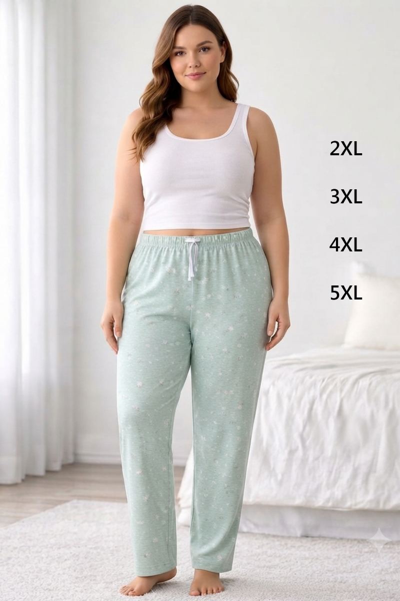 Viskon Pamuklu Kadın Büyük Beden Açık Gri Desenli Pijama Pantolon - MGB008 - Mudanis