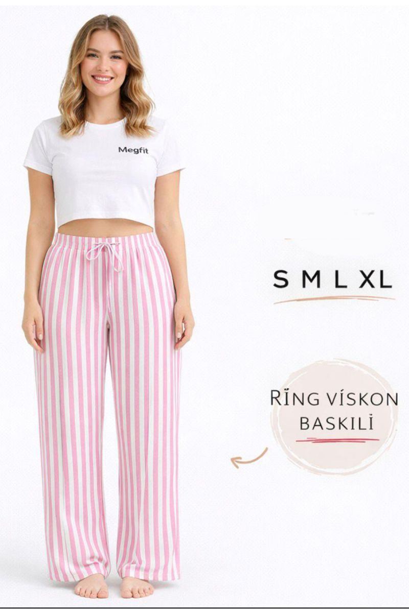 Viskon Pamuklu Kadın Pudra Pembe Çizgili Pijama Pantolon - MG004 - Mudanis