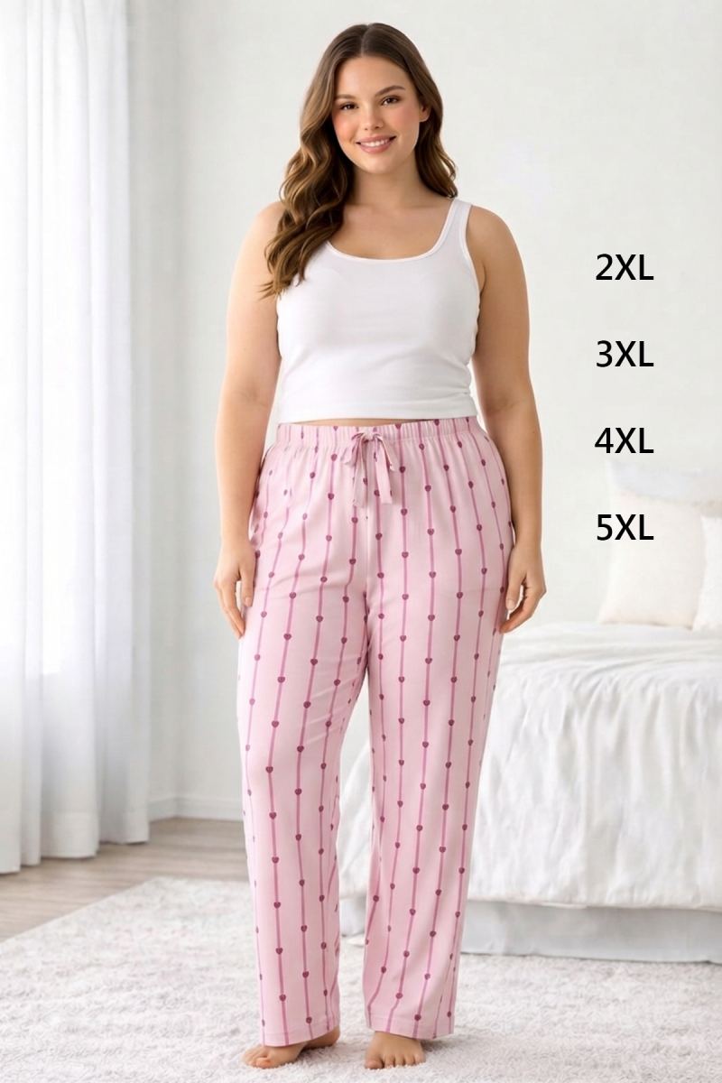 Viskon Pamuklu Kadın Büyük Beden Açık Pembe Desenli Pijama Pantolon - MGB007 - Mudanis