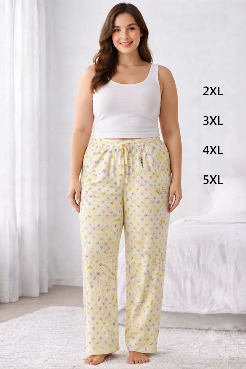 Viskon Pamuklu Kadın Büyük Beden Açık Sarı Desenli Pijama Pantolon - MGB010 - Mudanis