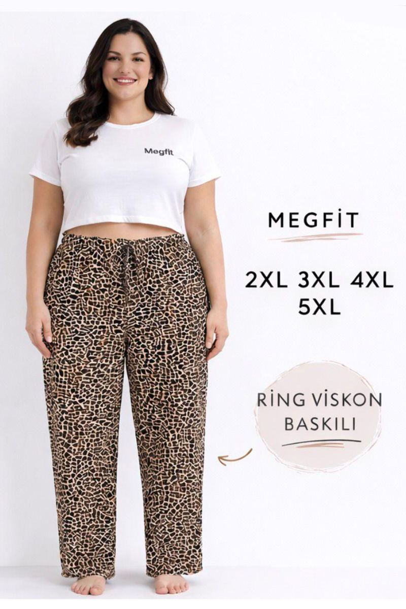 Viskon Pamuklu Kadın Büyük Beden Leopar Desenli Pijama Pantolon - MGB005 - Mudanis