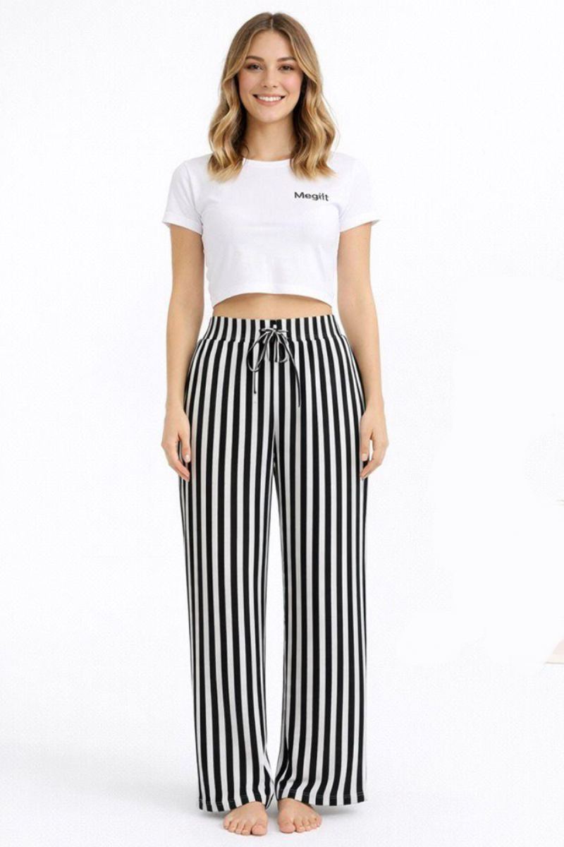 Viskon Pamuklu Kadın Siyah Çizgili Pijama Pantolon - MG001 - Mudanis