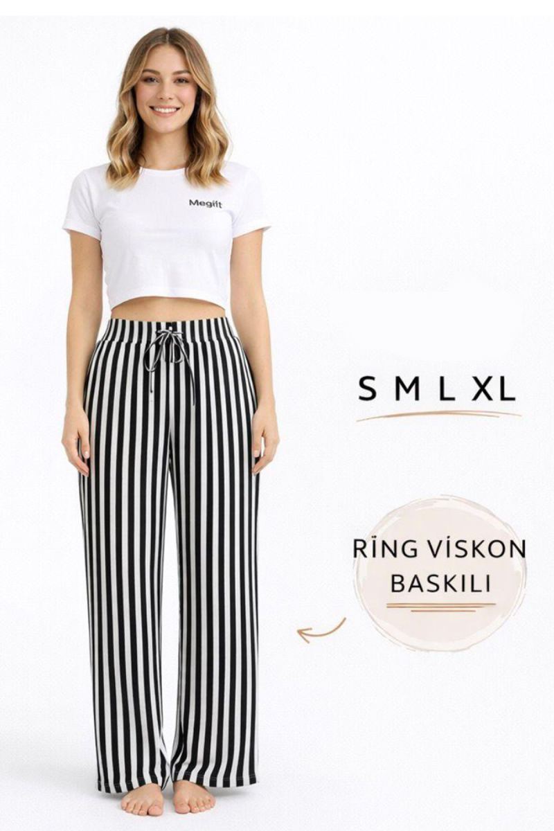 Viskon Pamuklu Kadın Siyah Çizgili Pijama Pantolon - MG001 - Mudanis