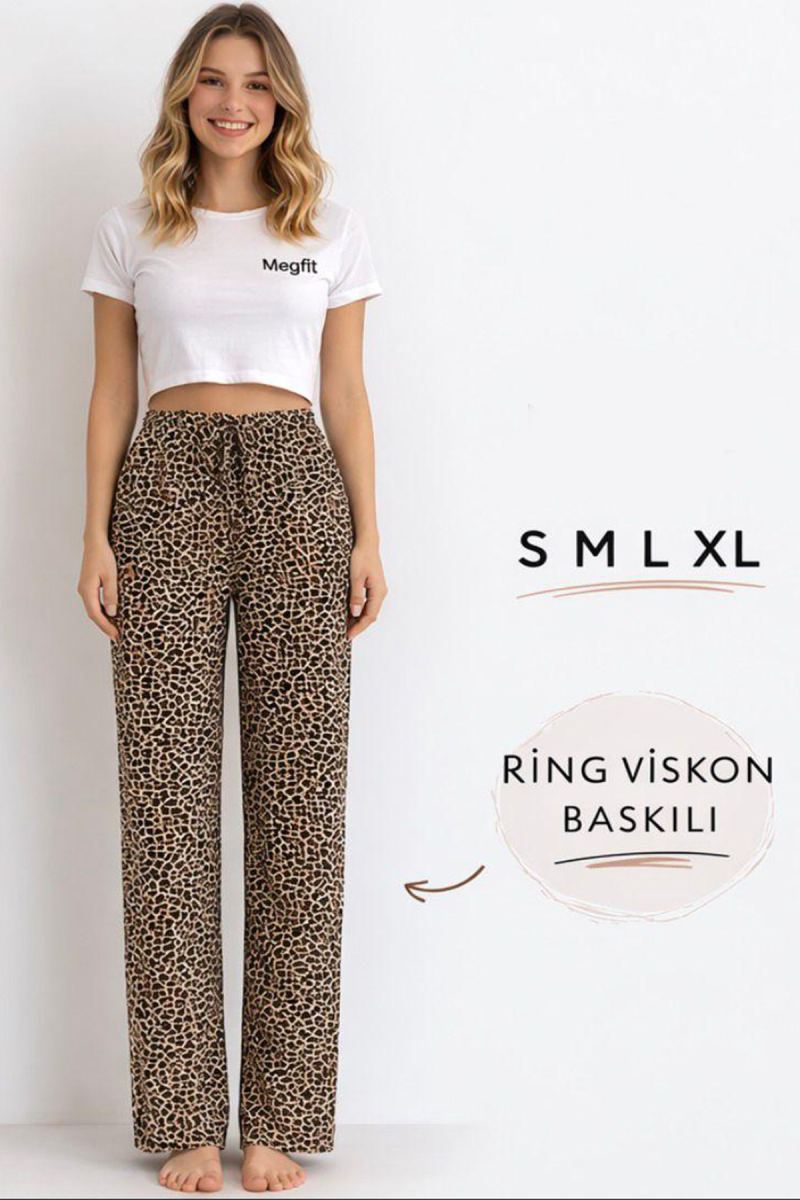 Viskon Pamuklu Kadın Leopar Desenli Pijama Pantolon - MG005 - Mudanis