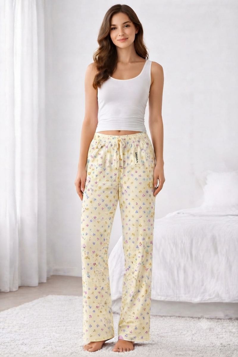 Viskon Pamuklu Kadın Açık Sarı Desenli Pijama Pantolon - MG010 - Mudanis