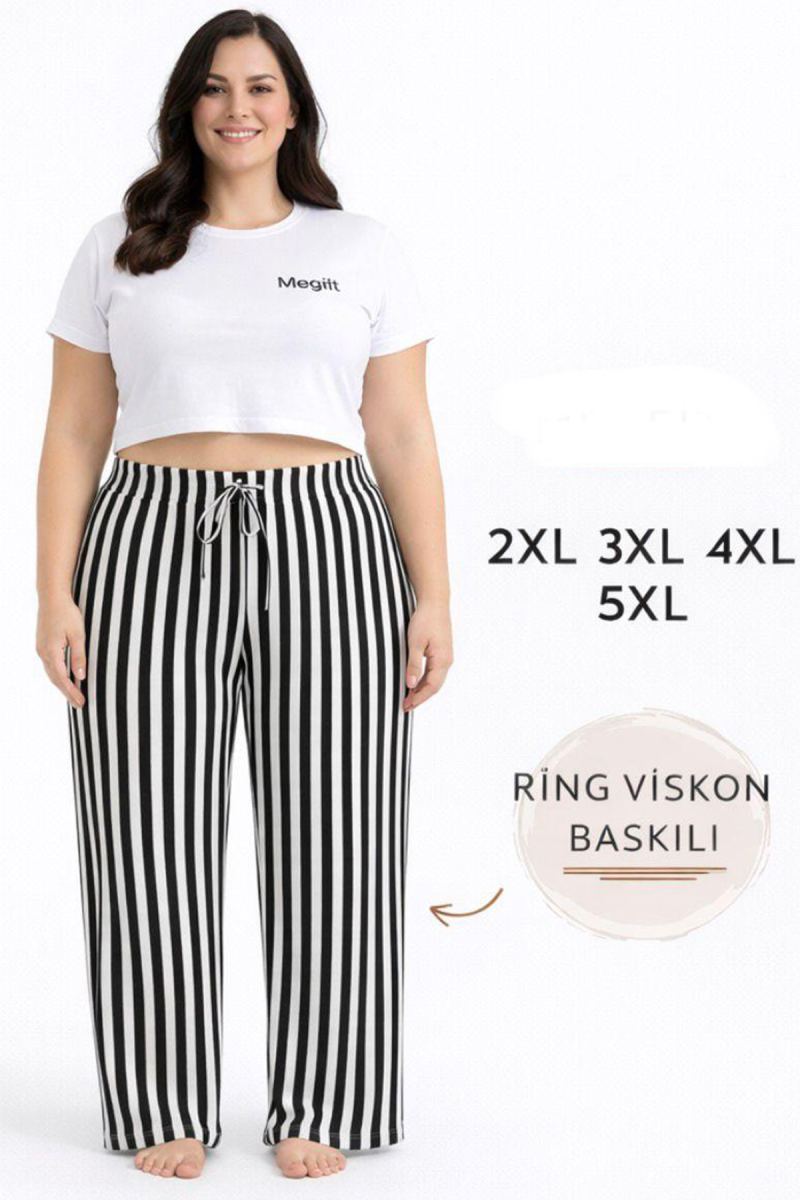 Viskon Pamuklu Kadın Büyük Beden Siyah Çizgili Pijama Pantolon - MGB001 - Mudanis