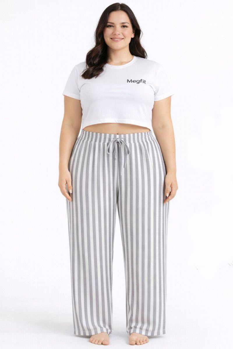 Viskon Pamuklu Kadın Büyük Beden Açık Gri Çizgili Pijama Pantolon - MGB006 - Mudanis